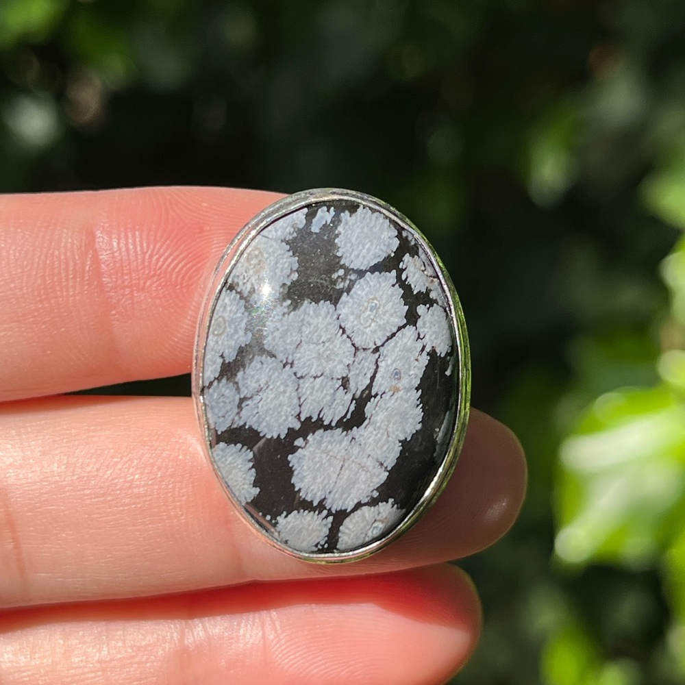 Size 6.75 925 silver plated snow flake obsidian ring
